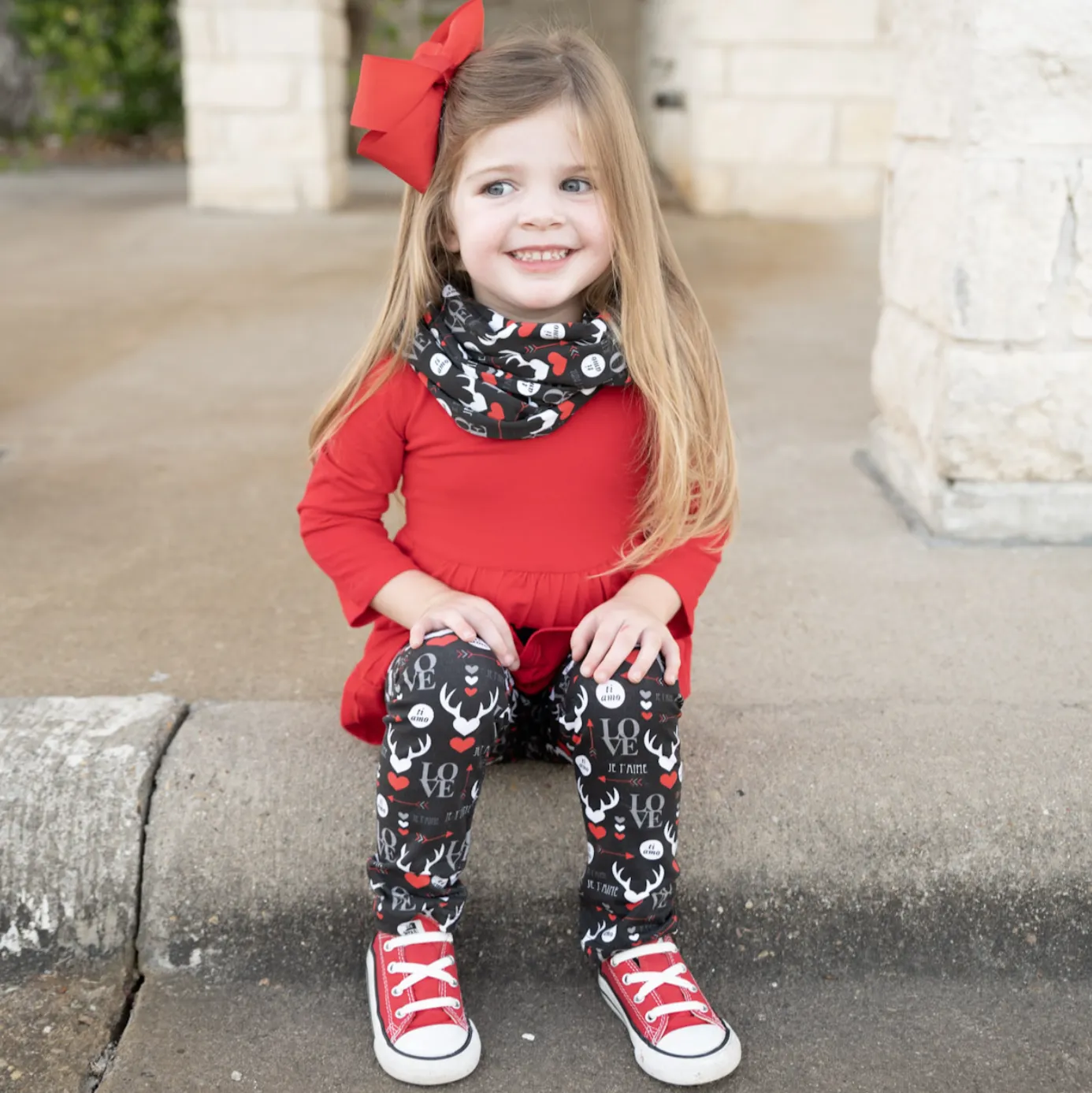 Girls Valentine's Day LOVE Red Long Sleeve Tunic Leggings & Scarf Clothing Set