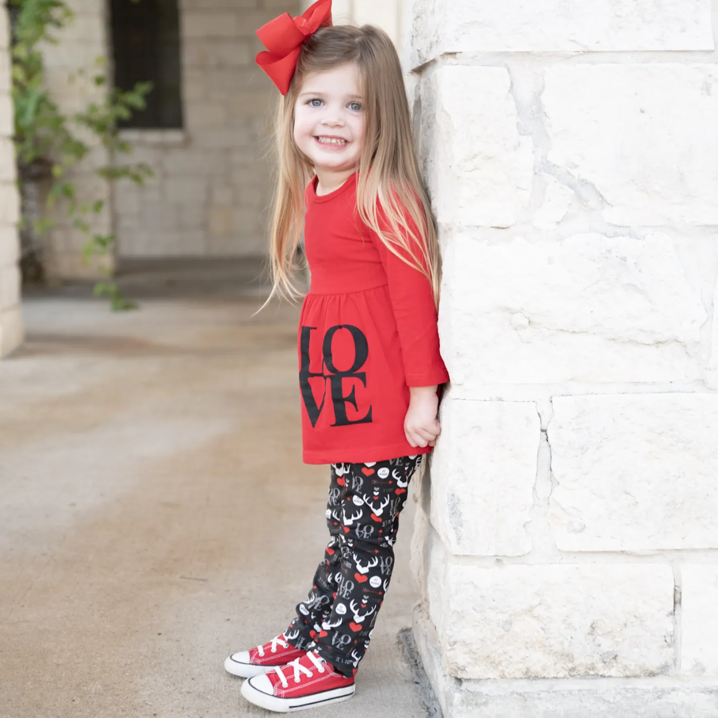 Girls Valentine's Day LOVE Red Long Sleeve Tunic Leggings & Scarf Clothing Set