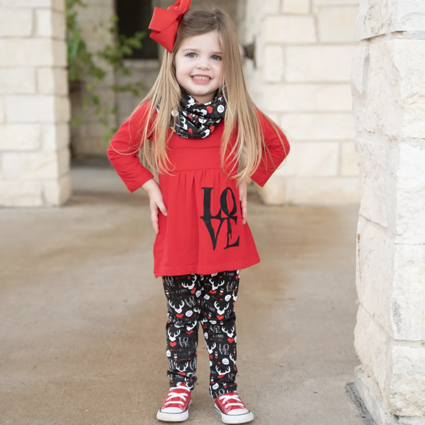 Girls Valentine's Day LOVE Red Long Sleeve Tunic Leggings & Scarf Clothing Set