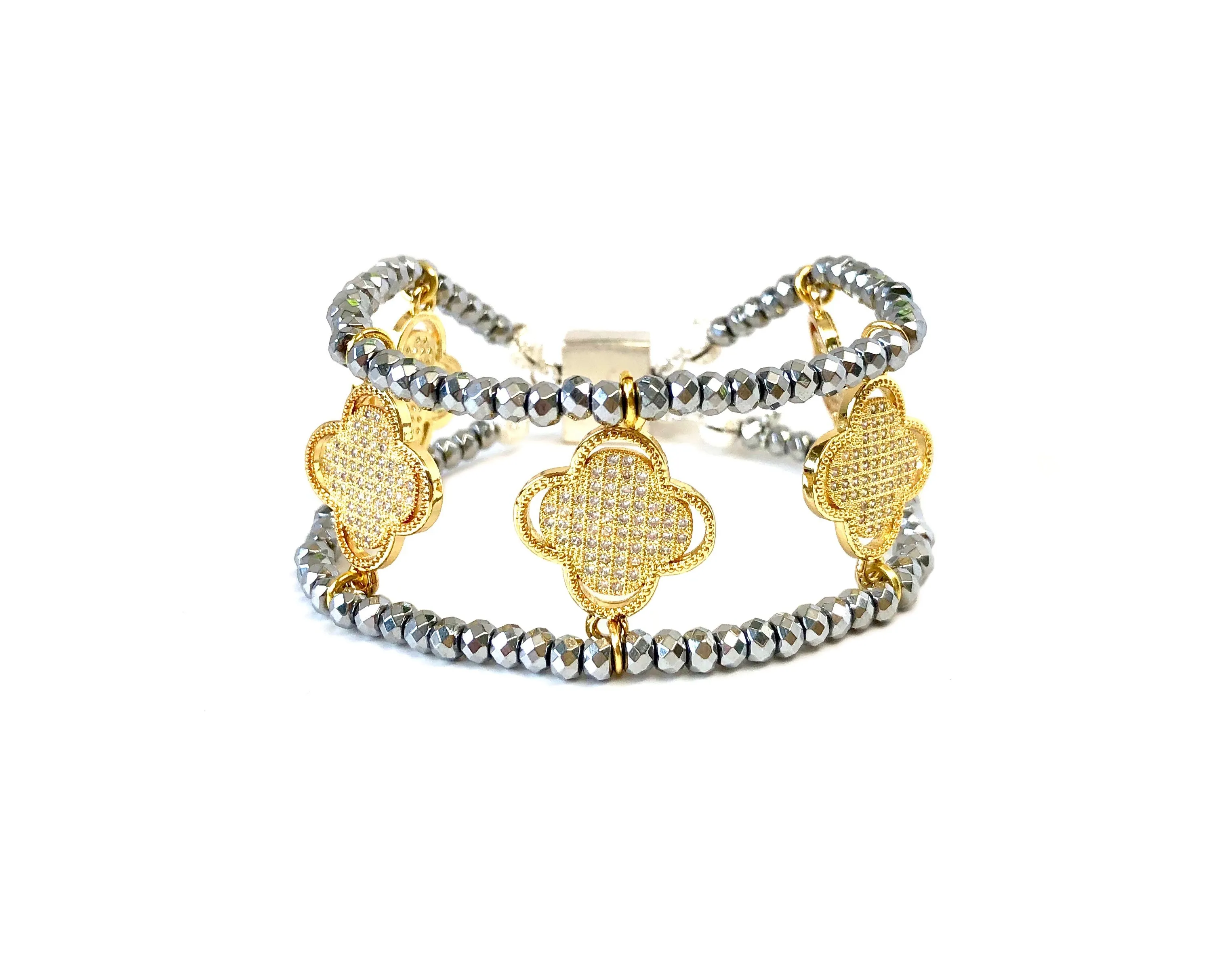 Gold Clover Charm Cuff Bracelet