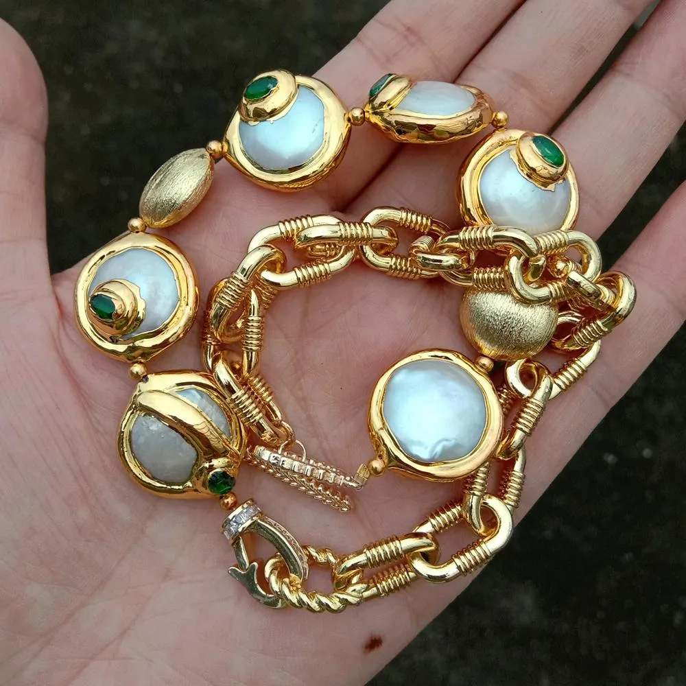 Gold Plated Chain White Coin Freshwater Pearl With Electroplated Edge Cubic Zirconia Pave Beads Choker Bracelet