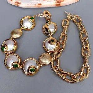 Gold Plated Chain White Coin Freshwater Pearl With Electroplated Edge Cubic Zirconia Pave Beads Choker Bracelet