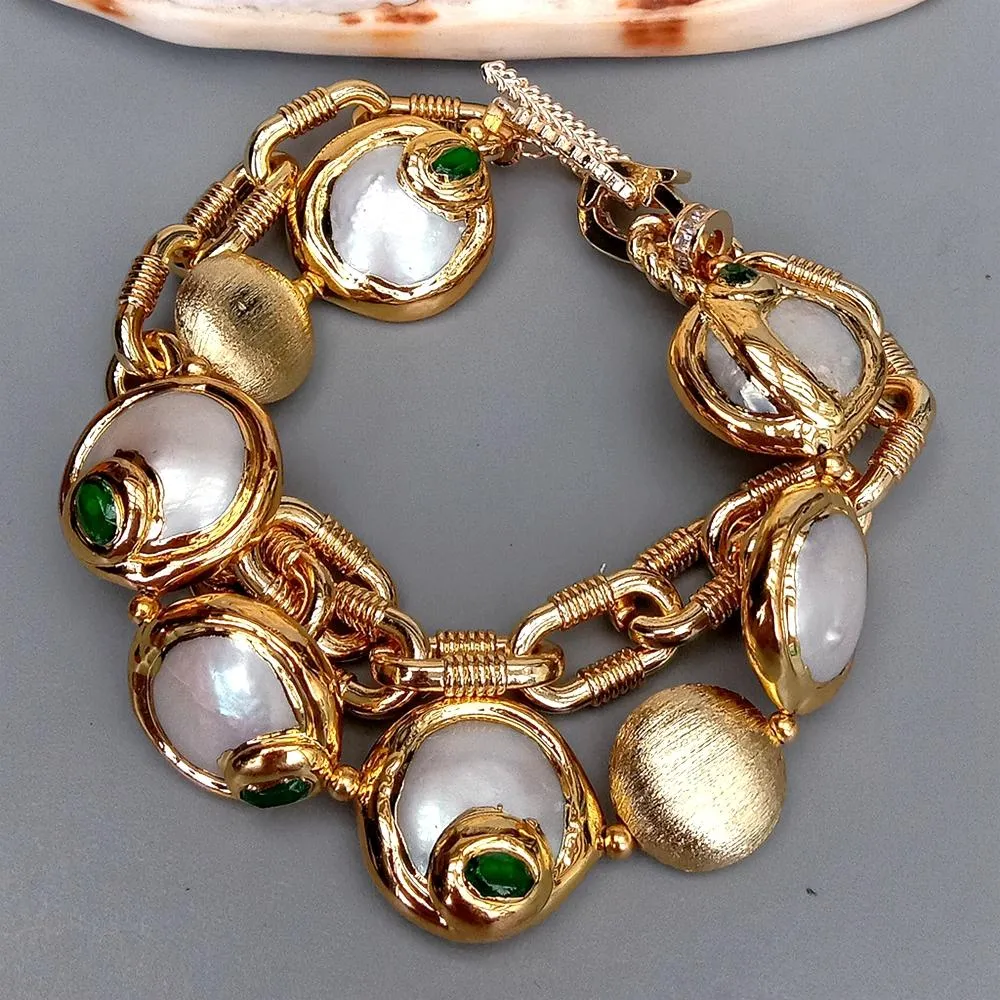 Gold Plated Chain White Coin Freshwater Pearl With Electroplated Edge Cubic Zirconia Pave Beads Choker Bracelet