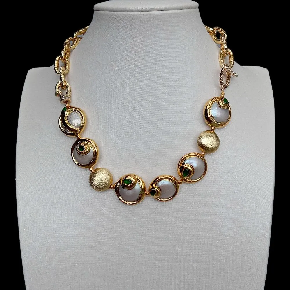 Gold Plated Chain White Coin Freshwater Pearl With Electroplated Edge Cubic Zirconia Pave Beads Choker Bracelet