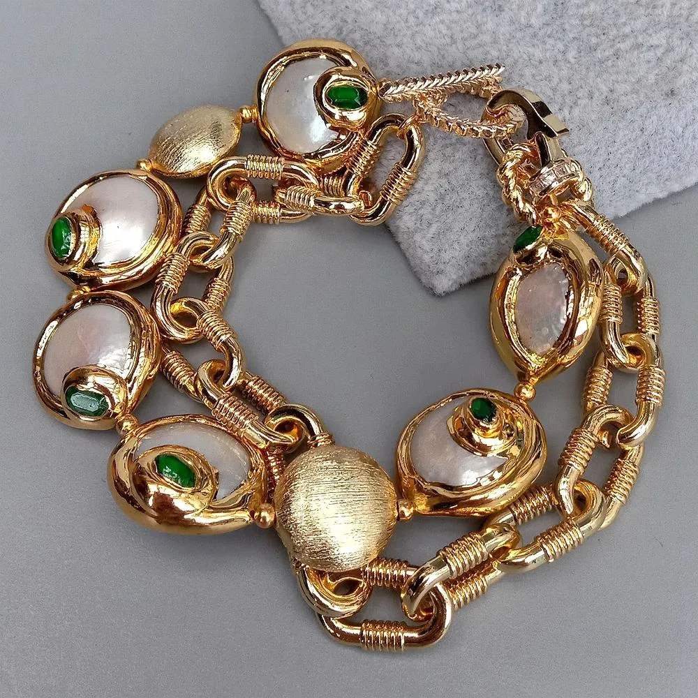 Gold Plated Chain White Coin Freshwater Pearl With Electroplated Edge Cubic Zirconia Pave Beads Choker Bracelet