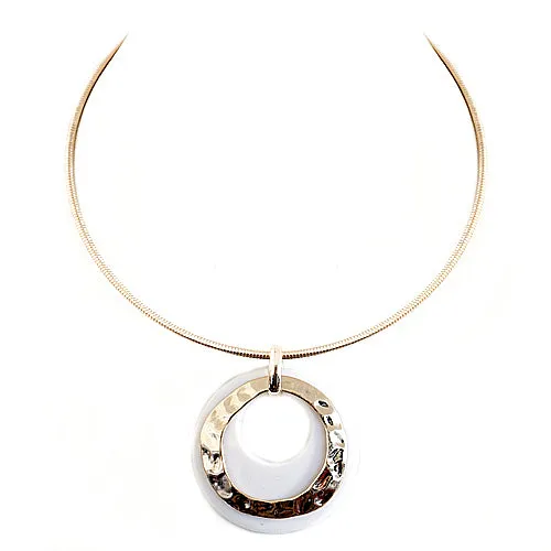 GOLD WHITE HAMMERED GOLD AND WHITE RING DOUBLE PENDANT WITH GOLD CHOKER NECKLACE  #SC31366_GLD-WHIT (GG2)