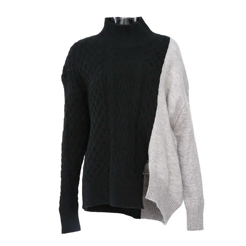 Gray Blue Irregular Knitting Sweater Loose Turtleneck
