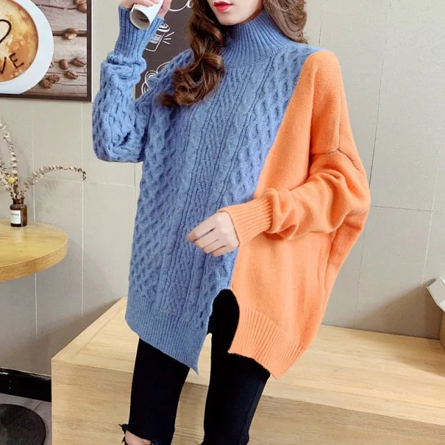 Gray Blue Irregular Knitting Sweater Loose Turtleneck