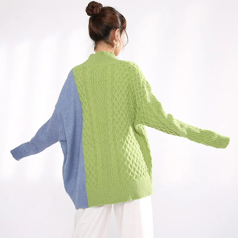 Gray Blue Irregular Knitting Sweater Loose Turtleneck
