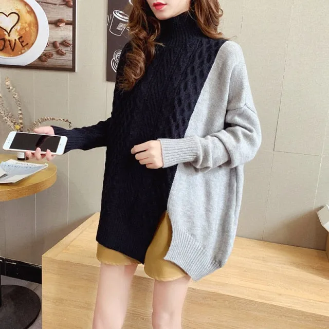Gray Blue Irregular Knitting Sweater Loose Turtleneck