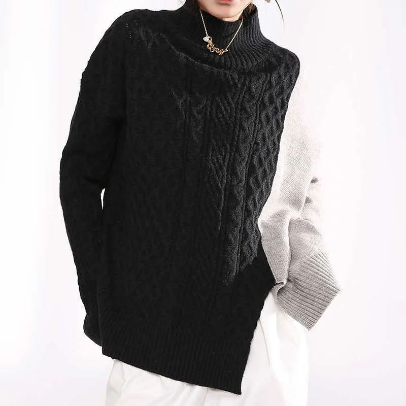 Gray Blue Irregular Knitting Sweater Loose Turtleneck