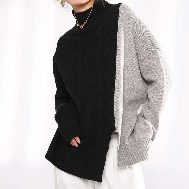 Gray Blue Irregular Knitting Sweater Loose Turtleneck