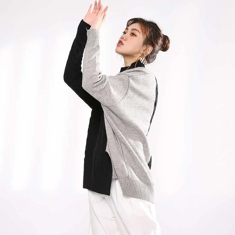 Gray Blue Irregular Knitting Sweater Loose Turtleneck