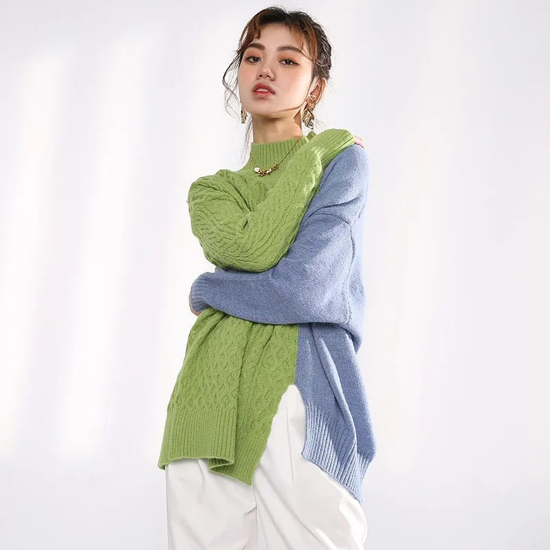 Gray Blue Irregular Knitting Sweater Loose Turtleneck