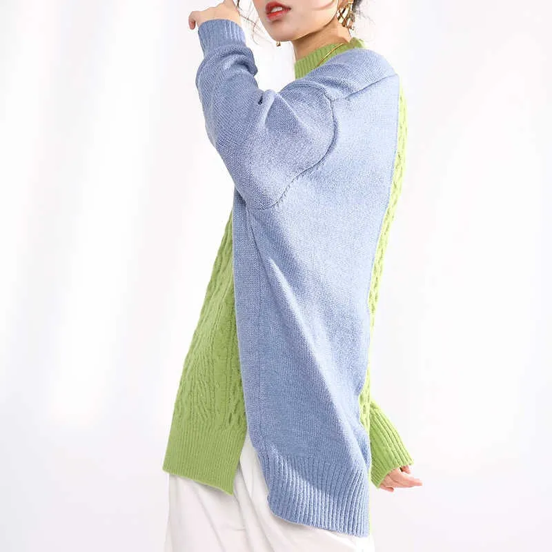 Gray Blue Irregular Knitting Sweater Loose Turtleneck