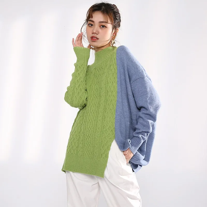 Gray Blue Irregular Knitting Sweater Loose Turtleneck