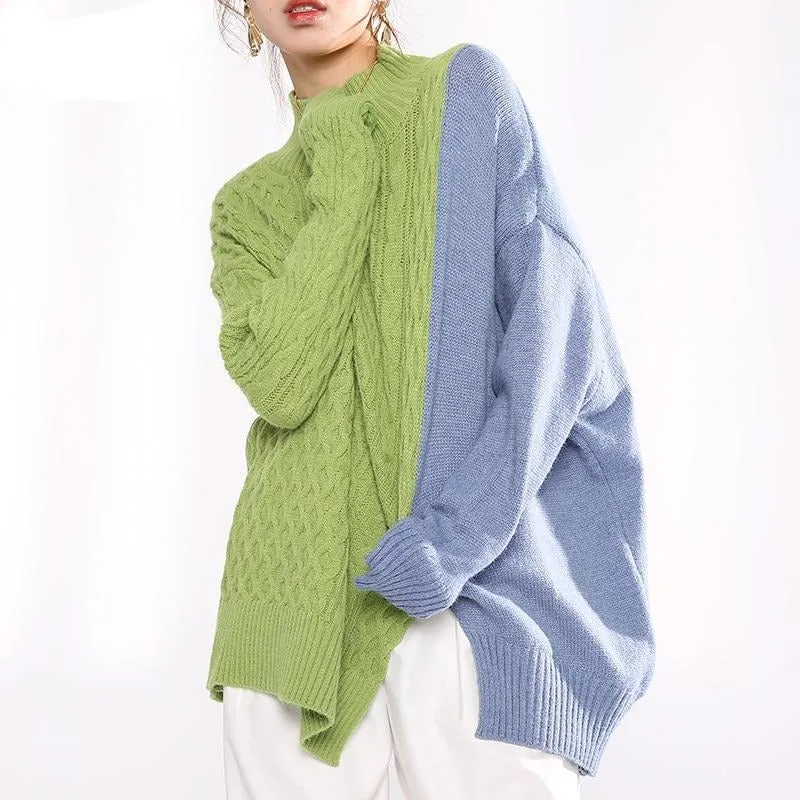 Gray Blue Irregular Knitting Sweater Loose Turtleneck