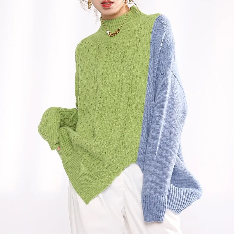 Gray Blue Irregular Knitting Sweater Loose Turtleneck