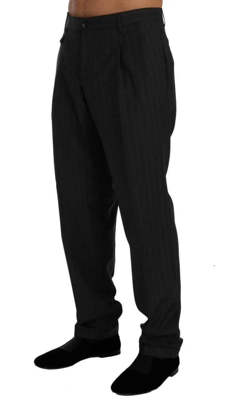 Gray Striped Wool Stretch Formal Pants