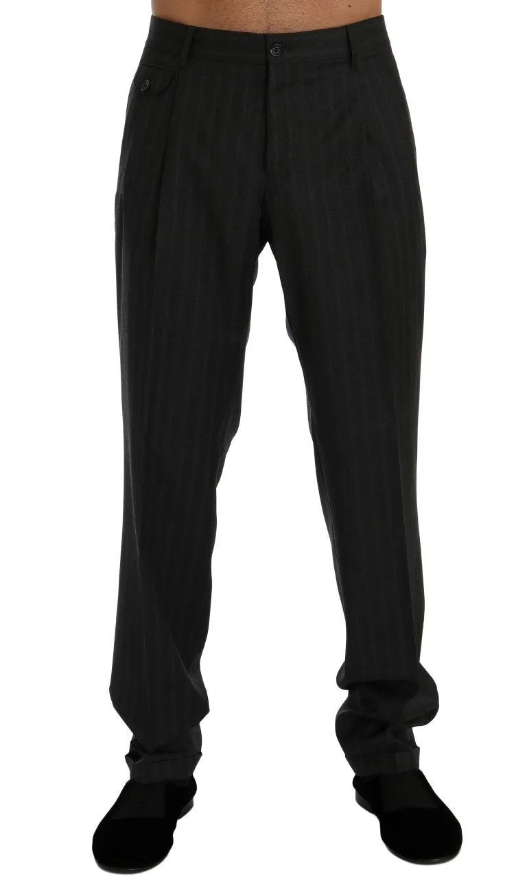 Gray Striped Wool Stretch Formal Pants