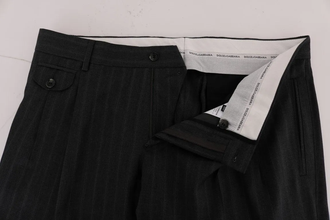 Gray Striped Wool Stretch Formal Pants