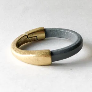 Gray Thick Leather Cuff Bracelet with Antique Brass Magnetic Half Cuff Clasp