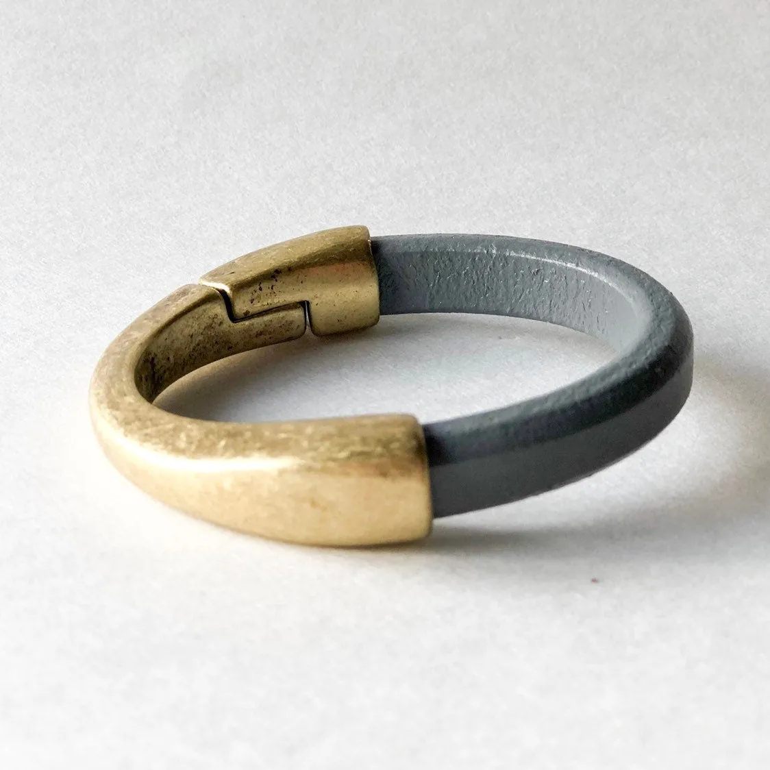 Gray Thick Leather Cuff Bracelet with Antique Brass Magnetic Half Cuff Clasp
