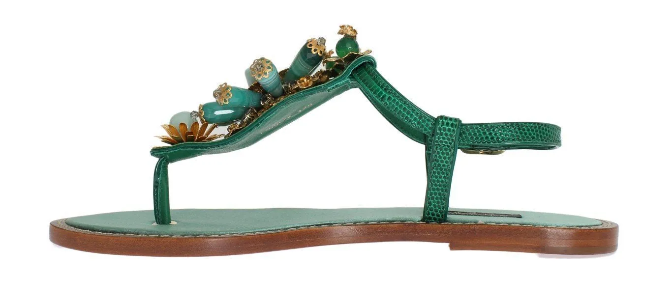Green Leather Crystal Flip Flops Sandals