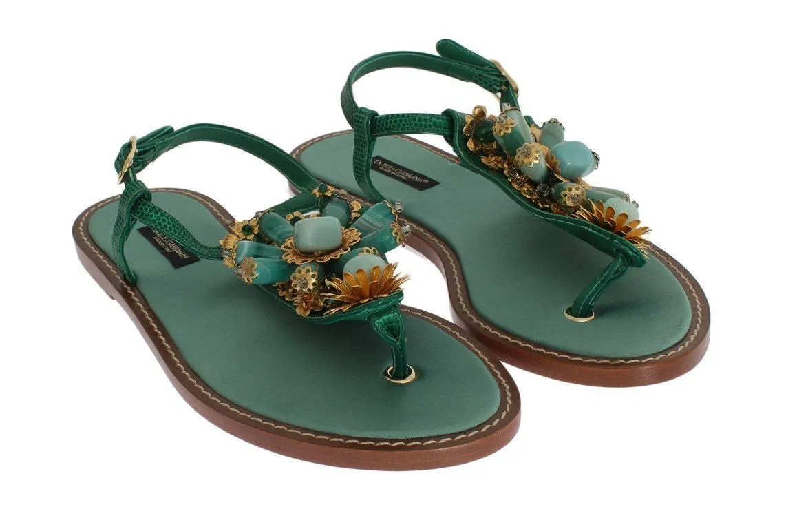 Green Leather Crystal Flip Flops Sandals