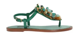Green Leather Crystal Flip Flops Sandals