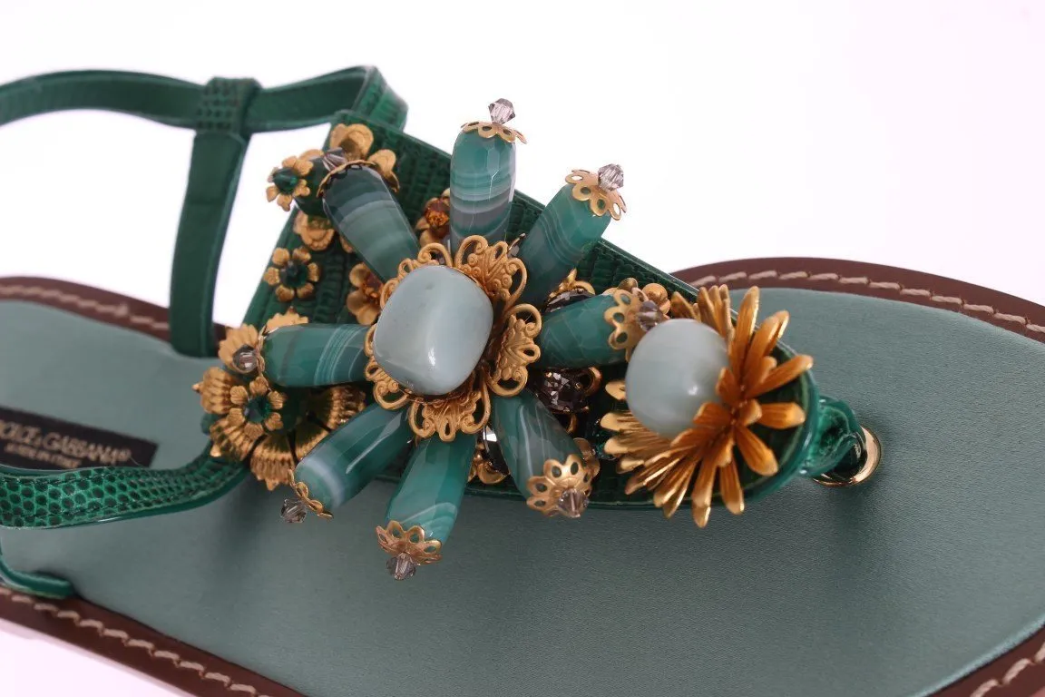 Green Leather Crystal Flip Flops Sandals