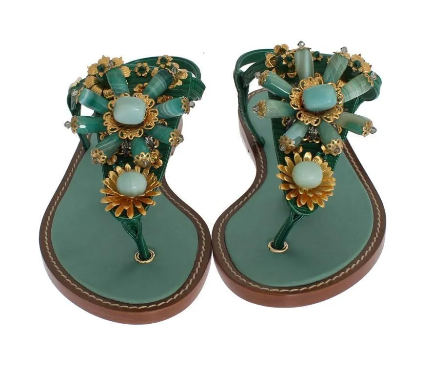 Green Leather Crystal Flip Flops Sandals