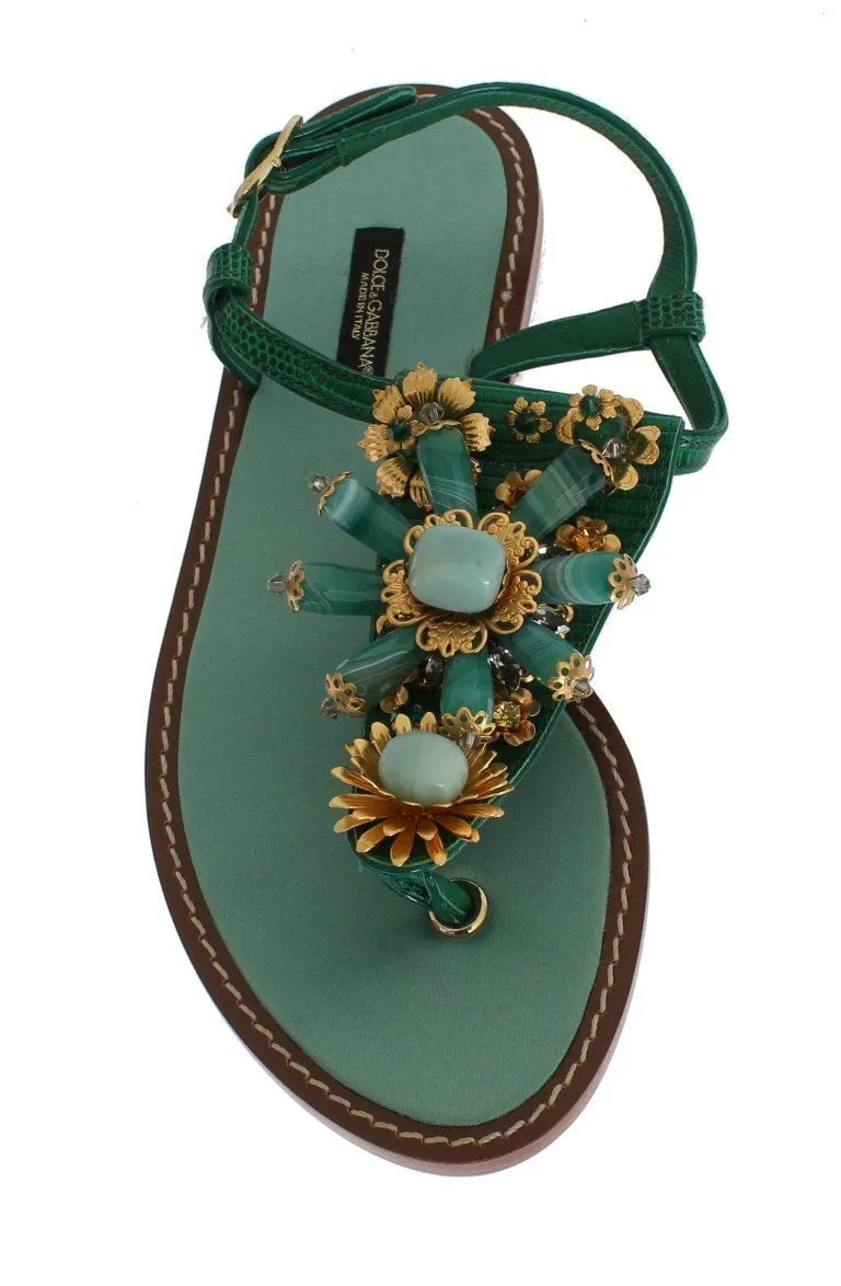 Green Leather Crystal Flip Flops Sandals