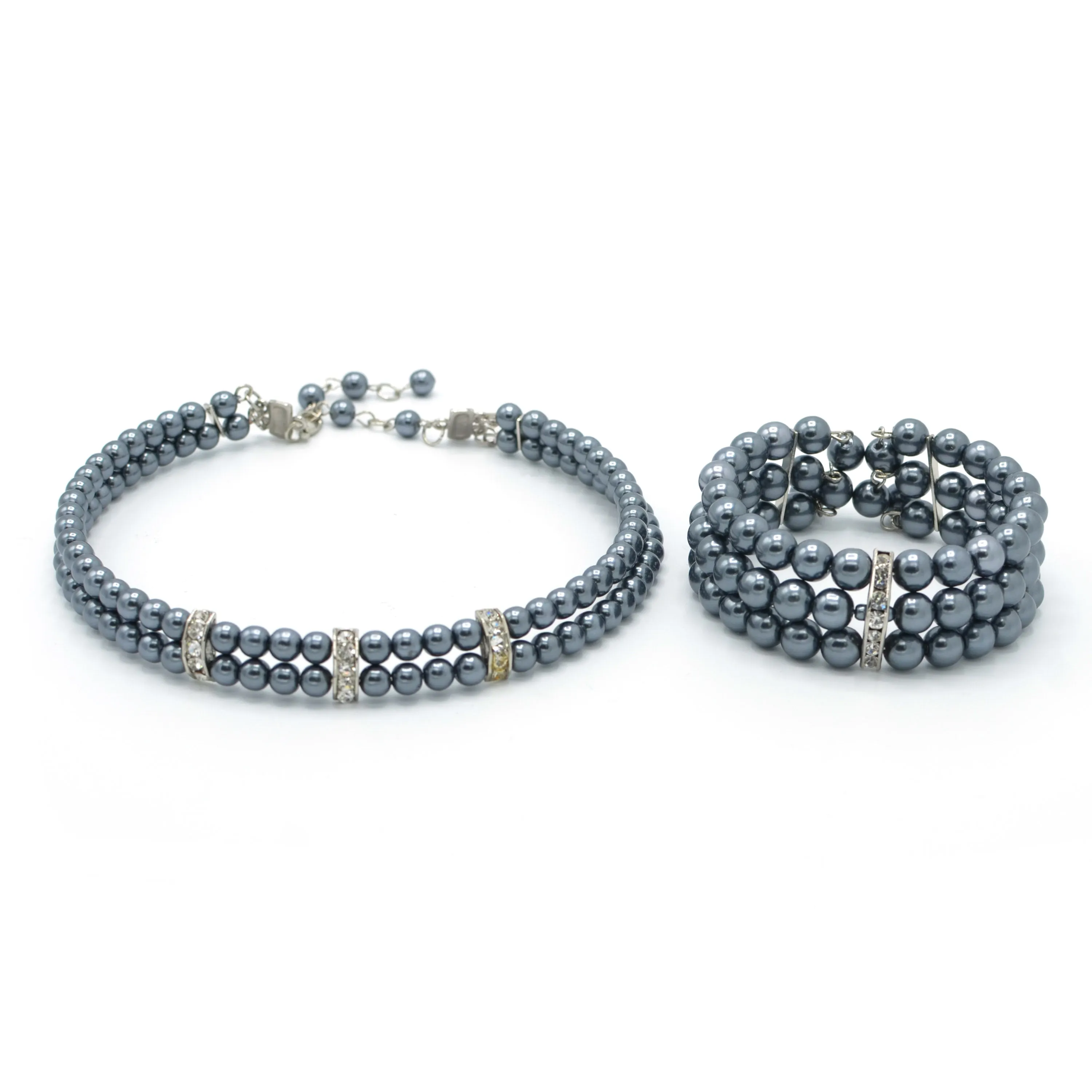 GREY PEARL CRYSTAL CHOKER NECKLACE AND BRACELET SET #FW-SS22267NB18 (SHAC9)