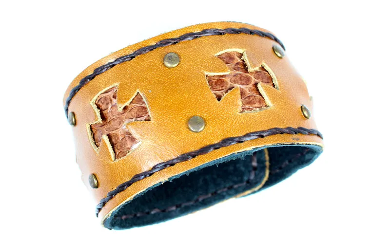 Handmade genuine leather cross bracelet/ cuff with snake skin leather accent