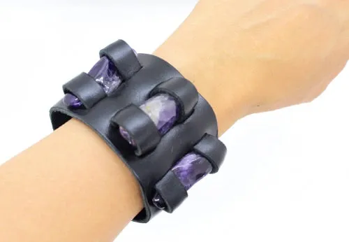 Handmade genuine  leather gem stone crystal holder bracelets/ cuffs double bands (Without stones) (6 pack/$ 11 ea.)