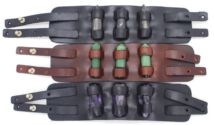 Handmade genuine  leather gem stone crystal holder bracelets/ cuffs double bands (Without stones) (6 pack/$ 11 ea.)
