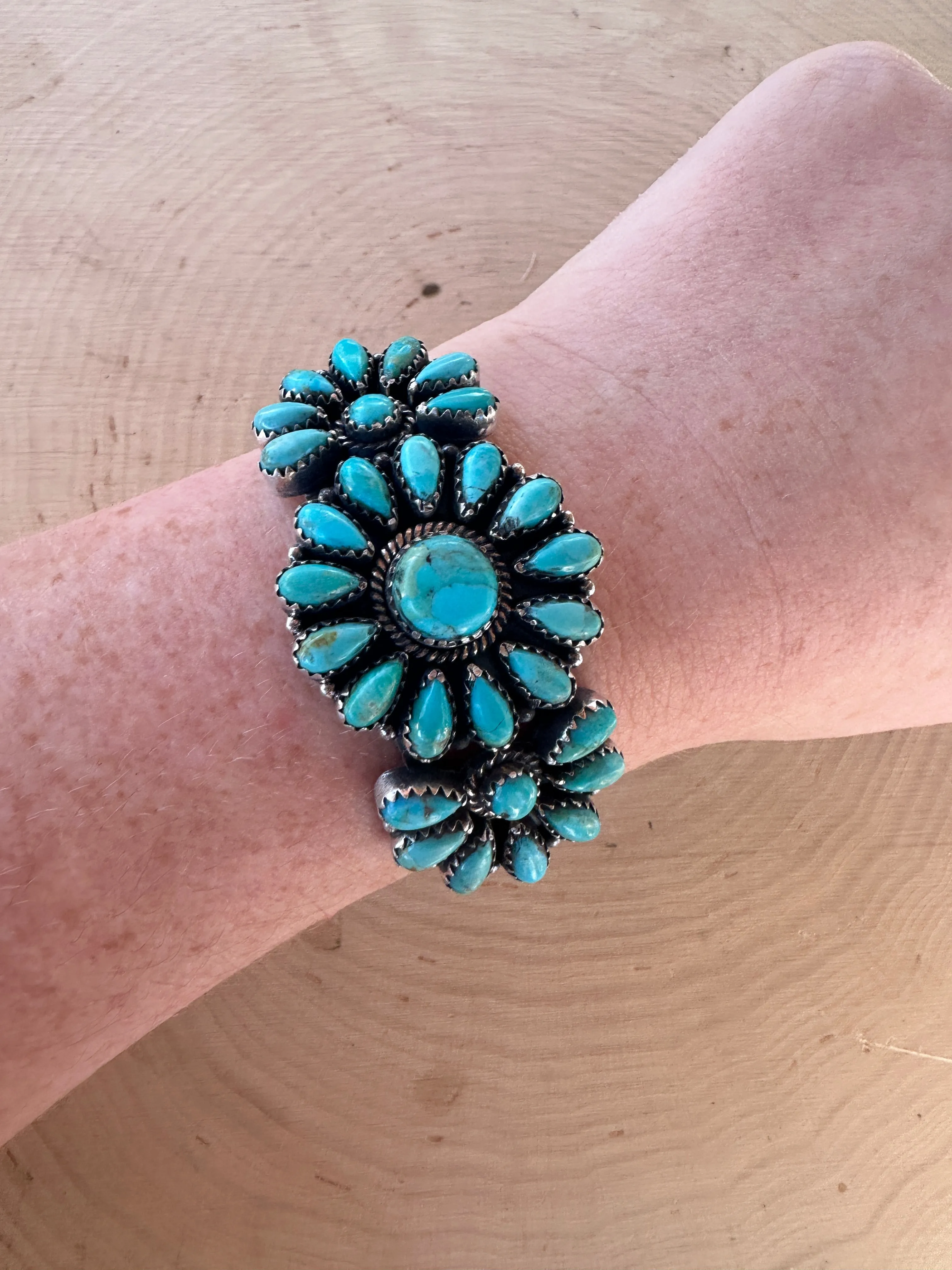 Handmade Sterling Silver & Turquoise Cluster Crescents Cuff Bracelet Signed Nizhoni