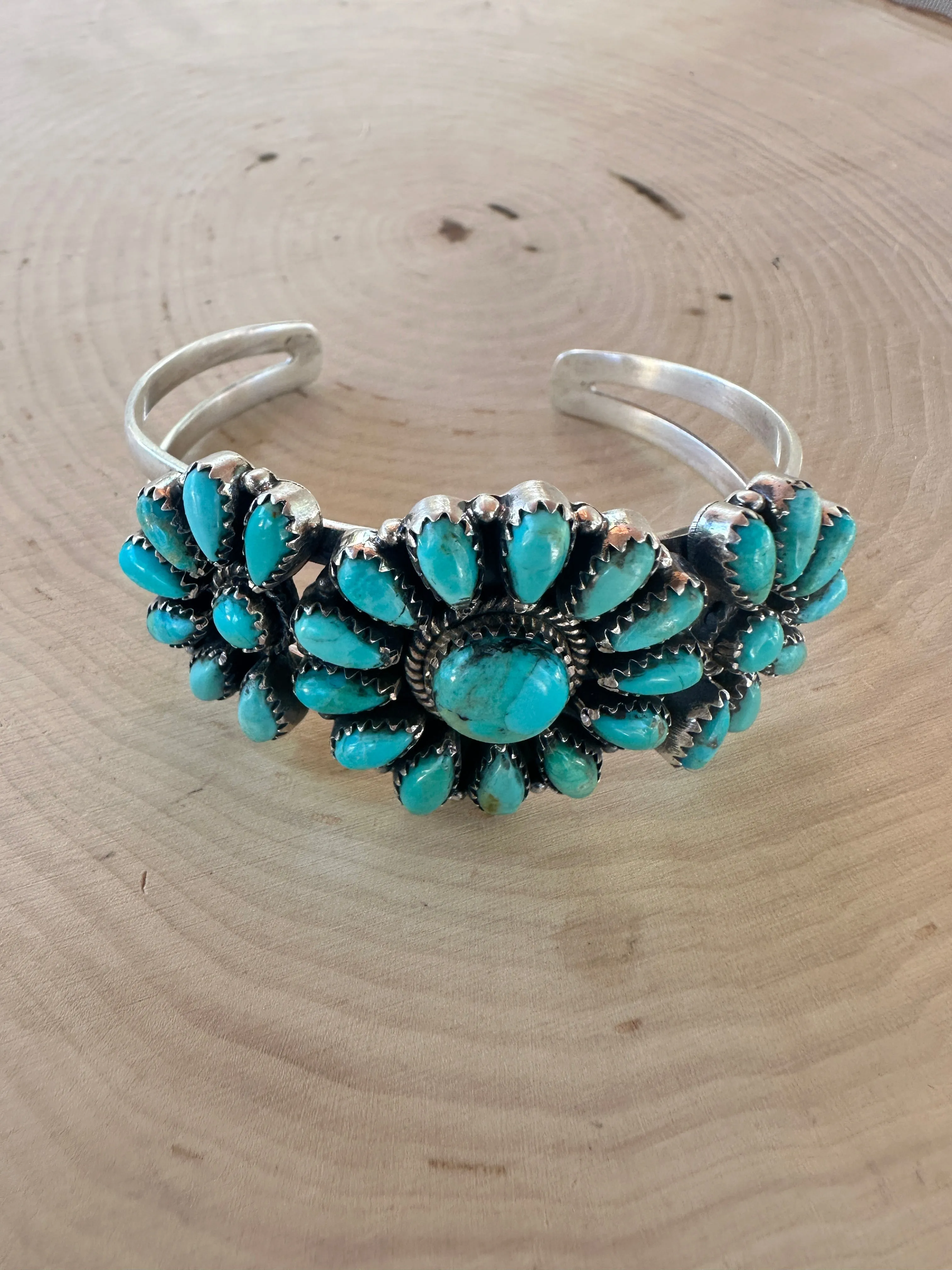 Handmade Sterling Silver & Turquoise Cluster Crescents Cuff Bracelet Signed Nizhoni