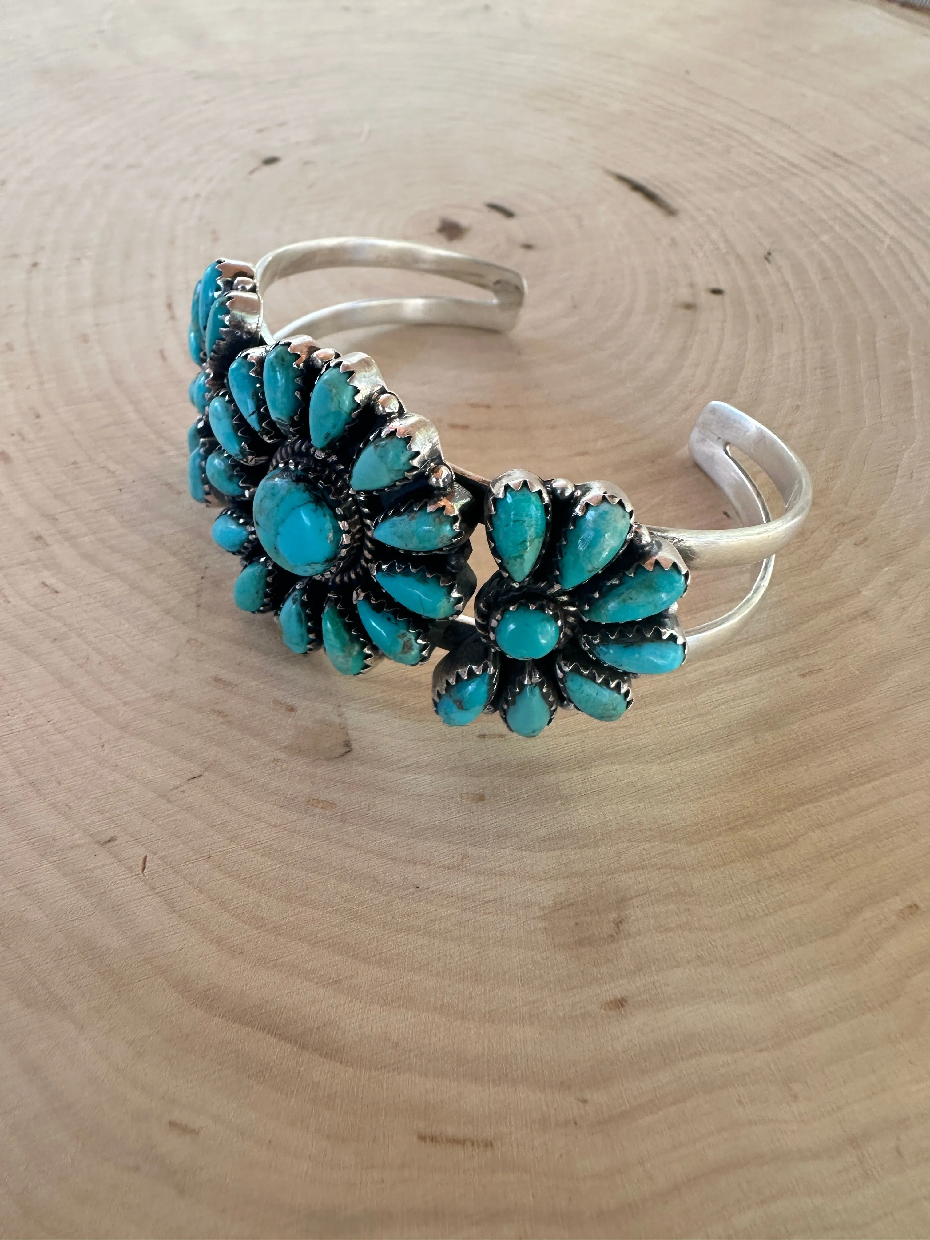 Handmade Sterling Silver & Turquoise Cluster Crescents Cuff Bracelet Signed Nizhoni