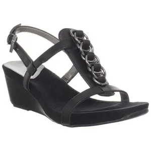 Happy Me Chain Black Leather Wedge Sandals