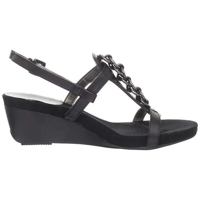 Happy Me Chain Black Leather Wedge Sandals
