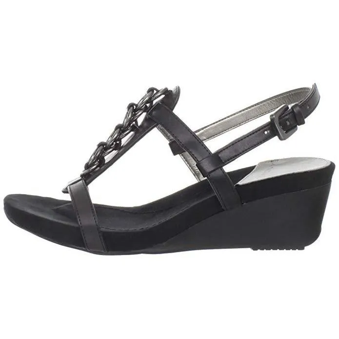 Happy Me Chain Black Leather Wedge Sandals
