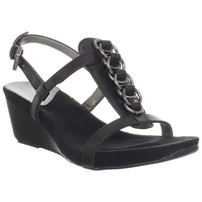 Happy Me Chain Black Leather Wedge Sandals