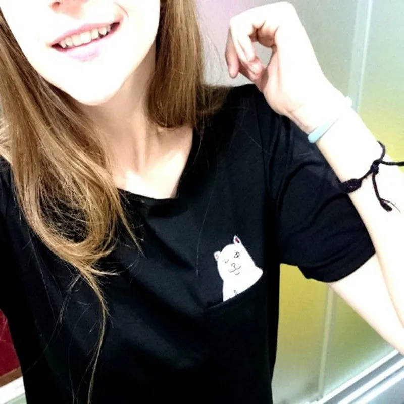 Harajuku Cat In Pocket Long Shirt for Women
