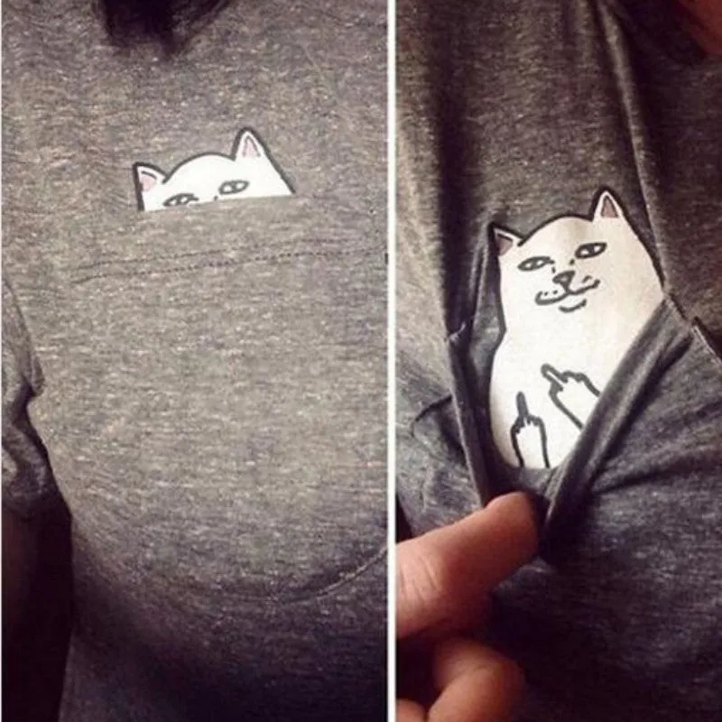 Harajuku Cat In Pocket Long Shirt for Women