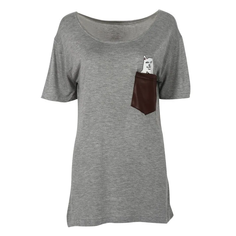 Harajuku Cat In Pocket Long Shirt for Women