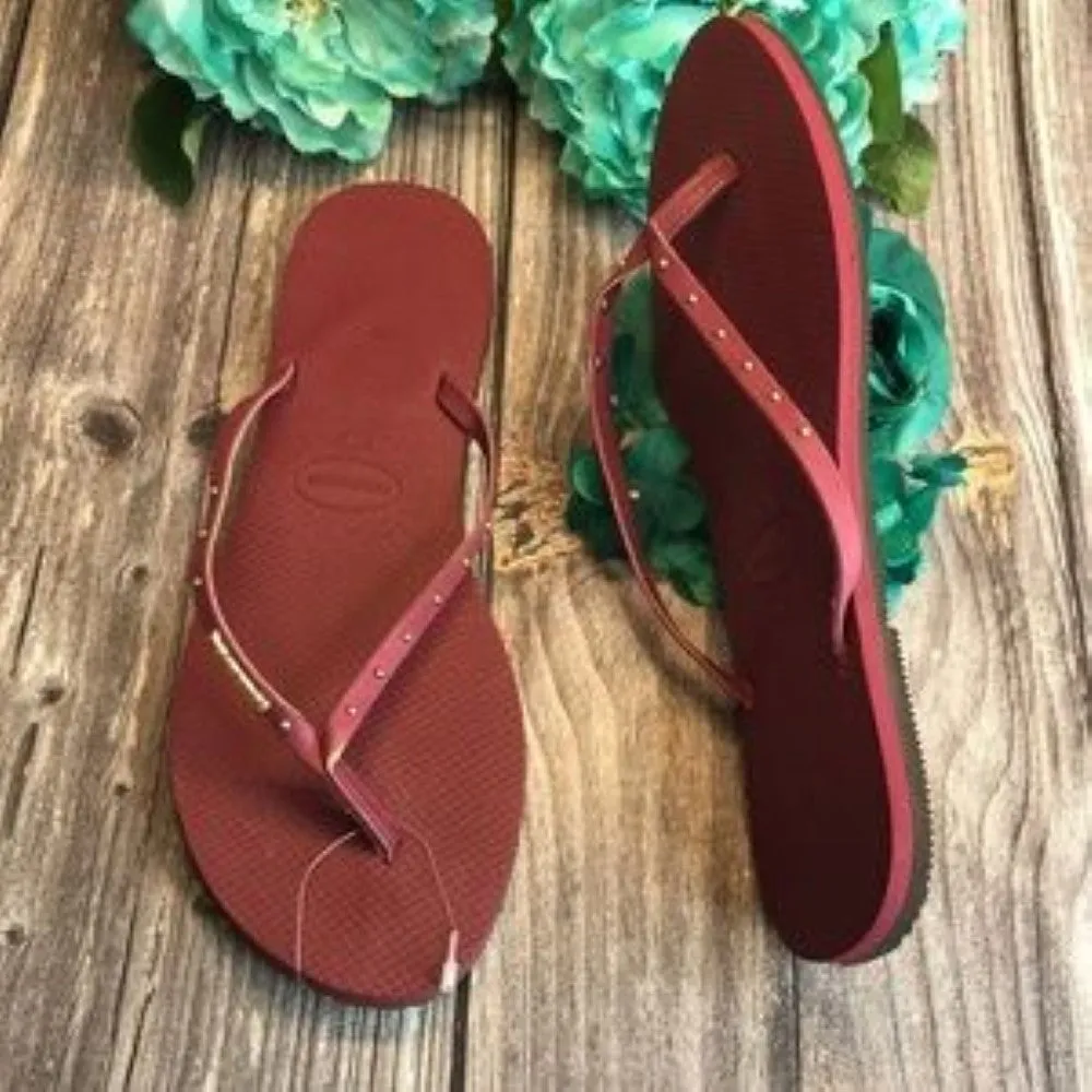 Havaianas You Maxi Dark Red Gold Studded Flip Flop Sandals 11/12M