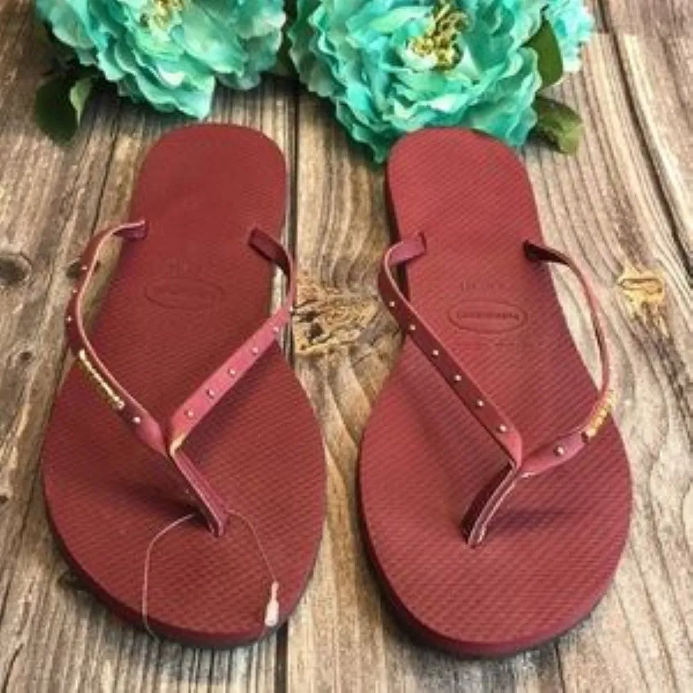 Havaianas You Maxi Dark Red Gold Studded Flip Flop Sandals 11/12M