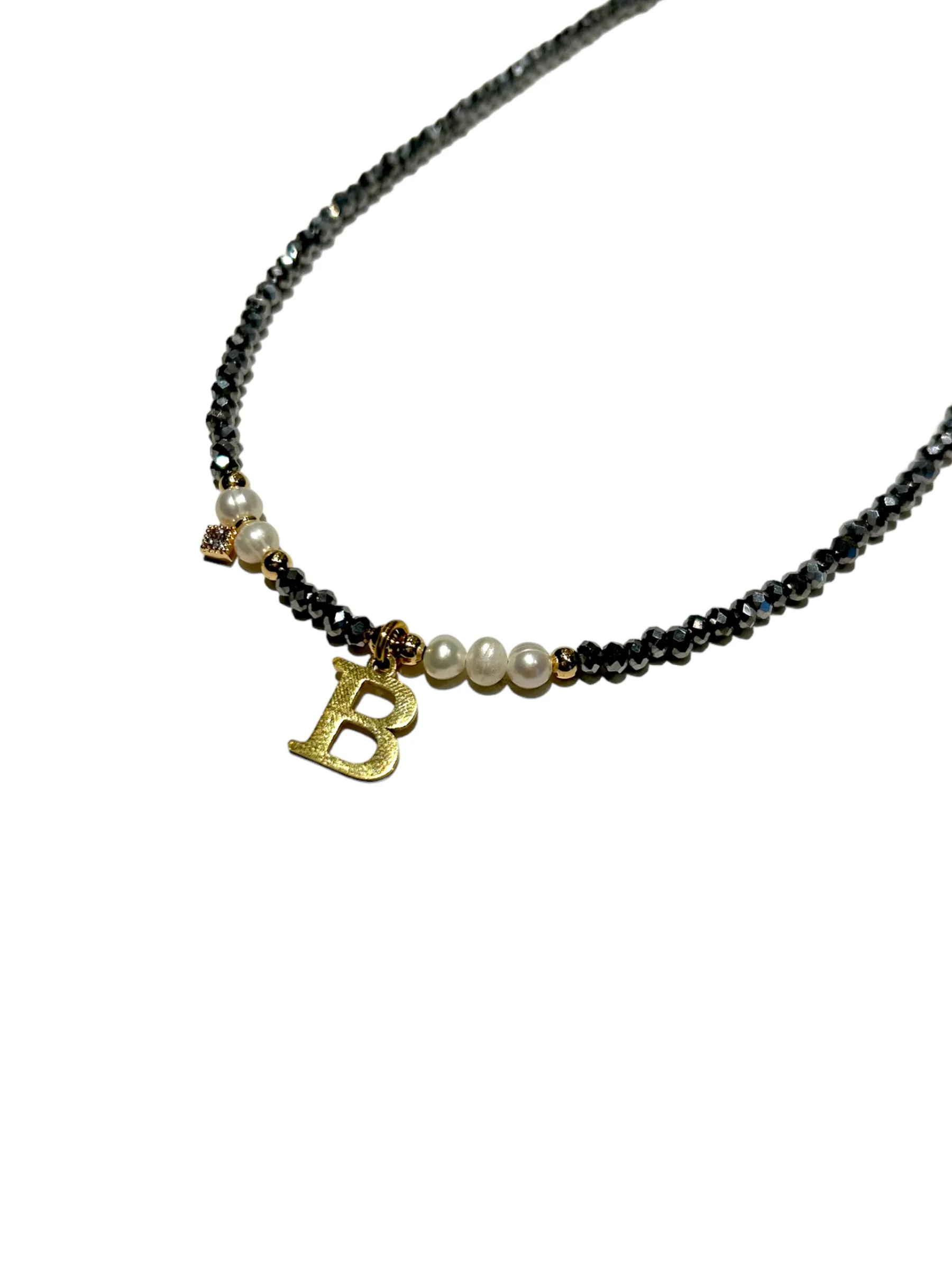 HC DESIGNS- Silver Crystal Necklace with Pearls and Initials